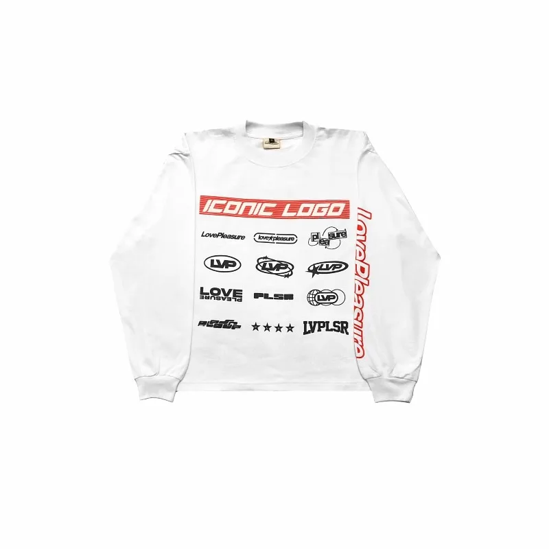 

Y2K white fit Long sleeve Shirts Fashionable LVP Graphic Printing Round Neck T Shirt High Street Hip Hop Unisex Boxy Iconic tops