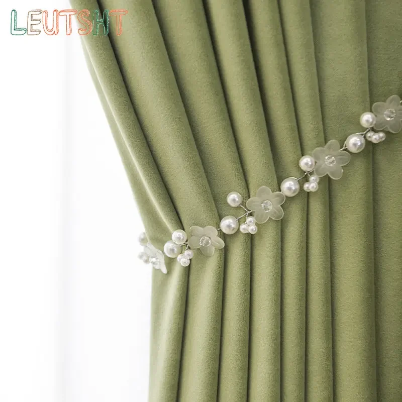 Nordic Curtains for Living DiningRoom Bedroom Thickened Matte Velvet High Blackout Curtains French Matcha Green Study Curtains