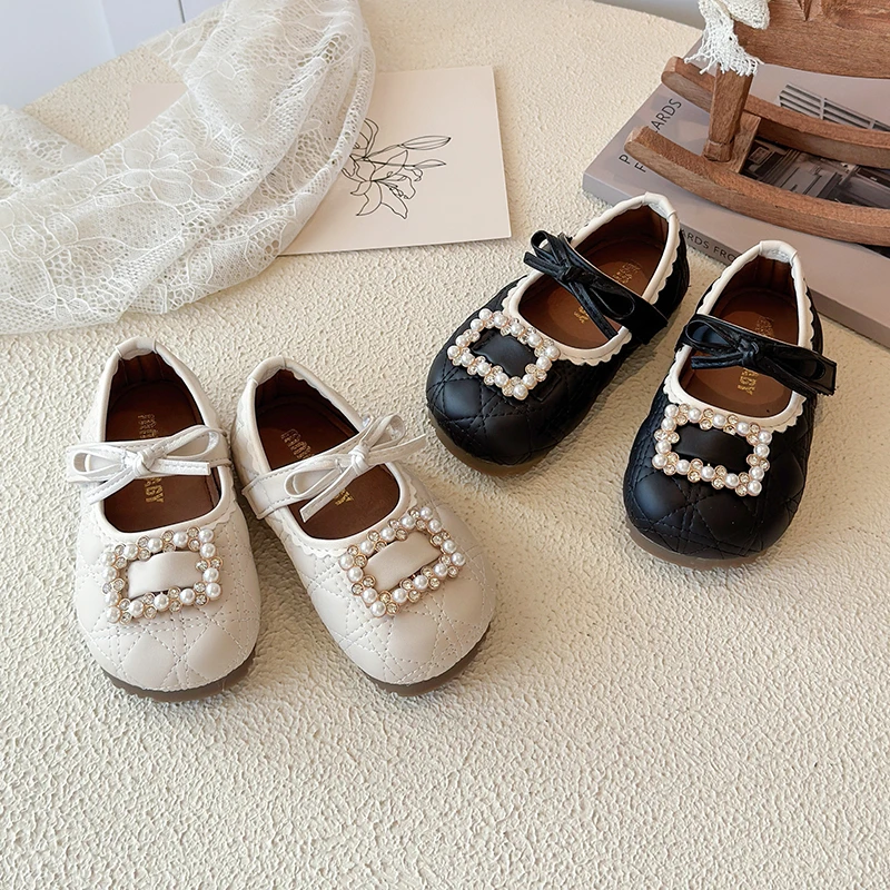 Autumn Girl's Princess Shoes Sewing Bowknot Pearl Sweet Kid's Flat Shoe Solid Colors Anti-slip Exquisite Chic Children Shoes