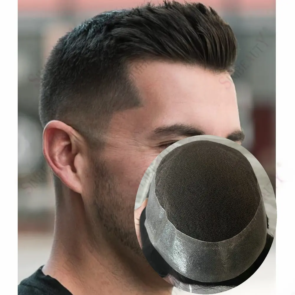 

Мужской парик-накладка (система замещения волос) из дышащего французского кружева и полиуретана, серо-черный, из натуральных человеческих волос, для мужчин, Австралия