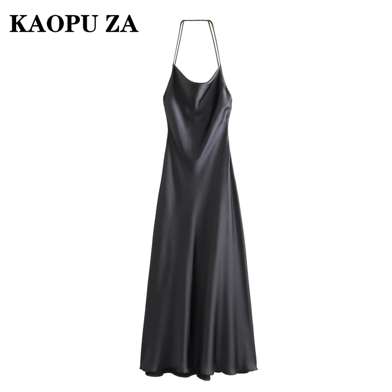 KAOPU ZA 2024 New Summer Women's Elegant Halter Neck Little Black Dress with Satin Texture Casual Evening Fashion Dress