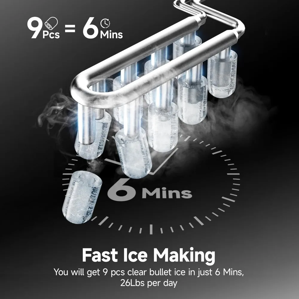 Ice Maker Countertop, 9 Cubes Ready in 6 Mins, 26lbs/24H, Self-Cleaning, Portable Ice Maker Machine with Carry Handle, Basket