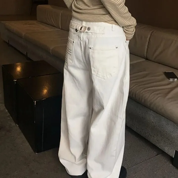 High Waist Wide Leg Pants Korean Style Chic Loose Fit Floor Length Jeans with Rivet Cross Pocket Design Casual Loose Cotton