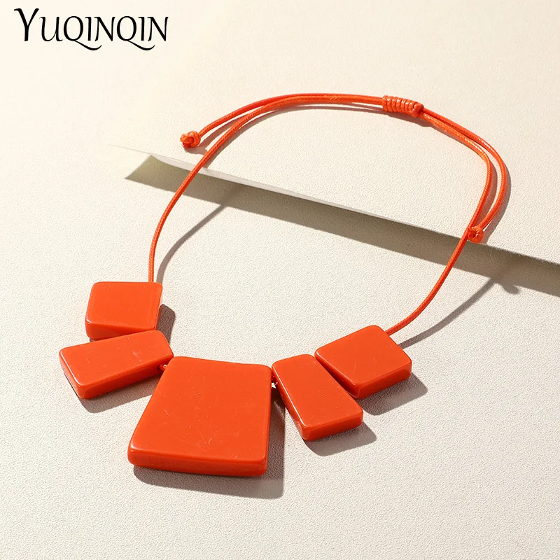 2023 Trendy Charm Colorful Rope Chain Necklaces for Women Resin Square Pendant Necklace For Girls Vintage Long Fashion Jewelry