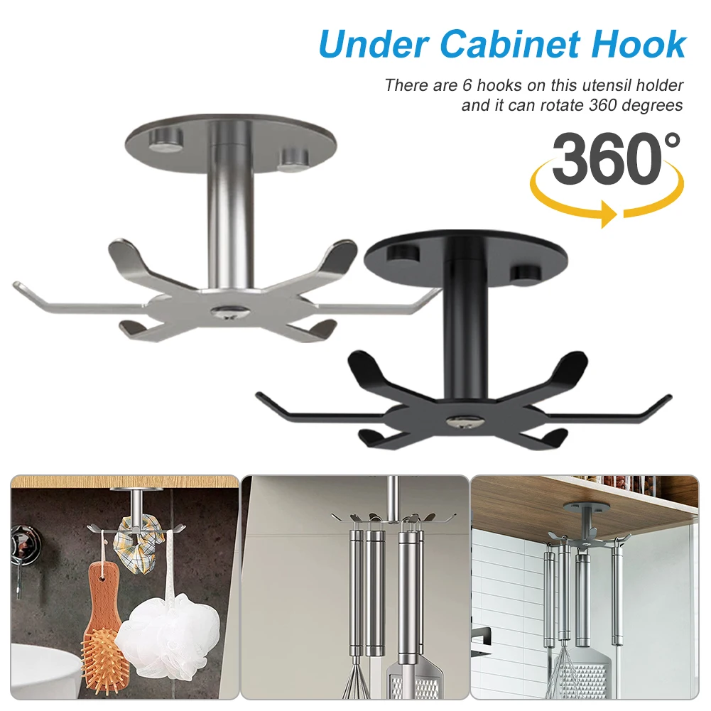 Under Cabinet Hook Stainless Steele Rotating 6 Hooks Kitchen Holder Utensil Storage Hanging Rack for Kitchen Bathroom