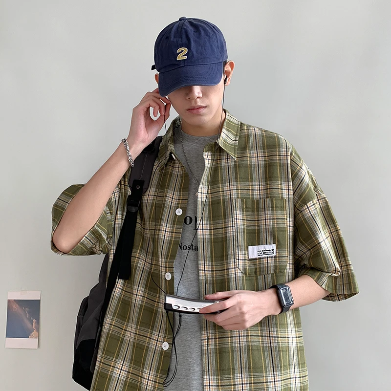 Korean Y2k Streetwear Plaid Shirt Men Shirts 2024 New Summer Fashion Chemise Homme Mens Checkered Shirts Short Sleeve Men Blouse