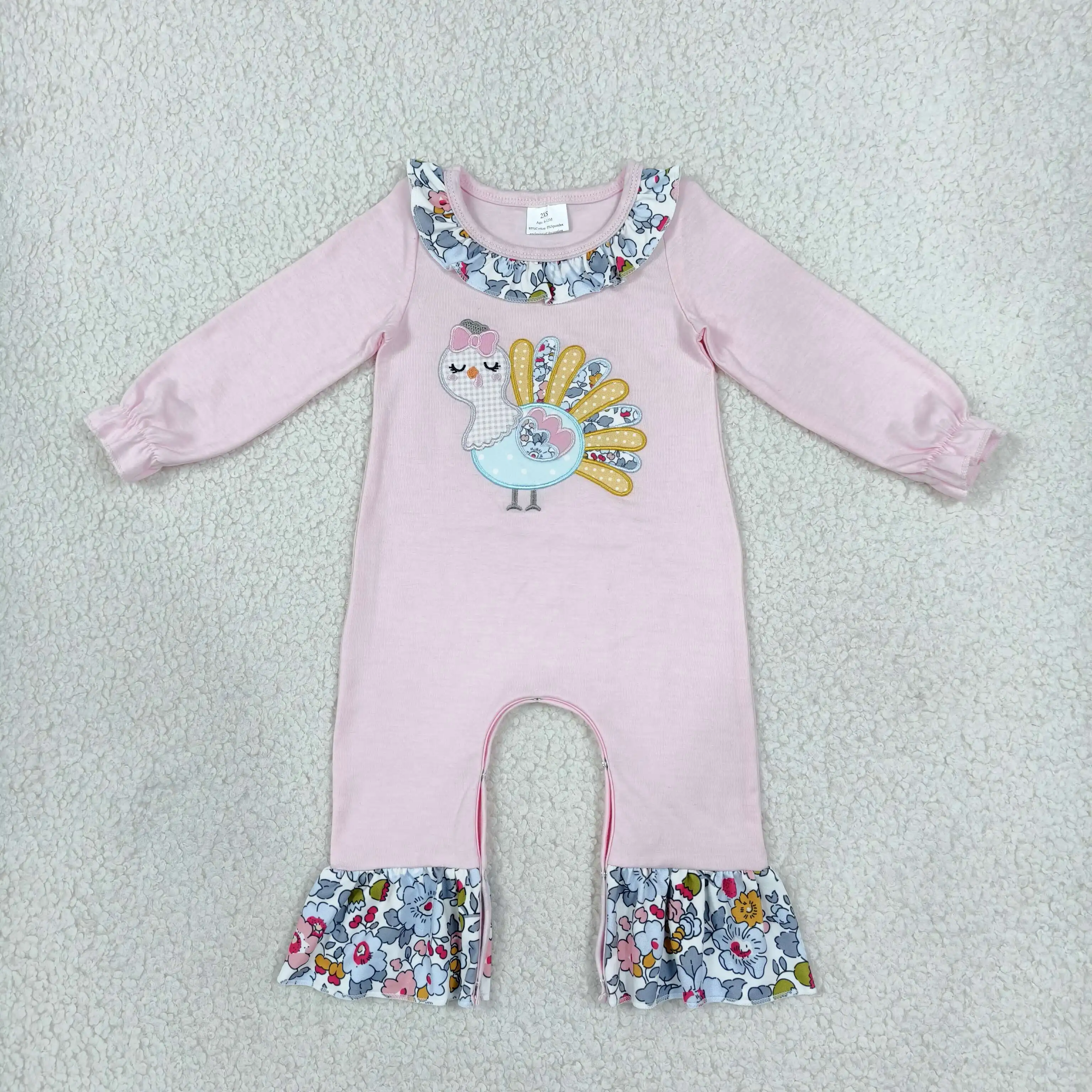 Wholesale Children Girls Flower Ruffle Romper Baby Girl Long Sleeve Embroidery turkey Thanksgiving Kids Toddler Newborn Bodysuit