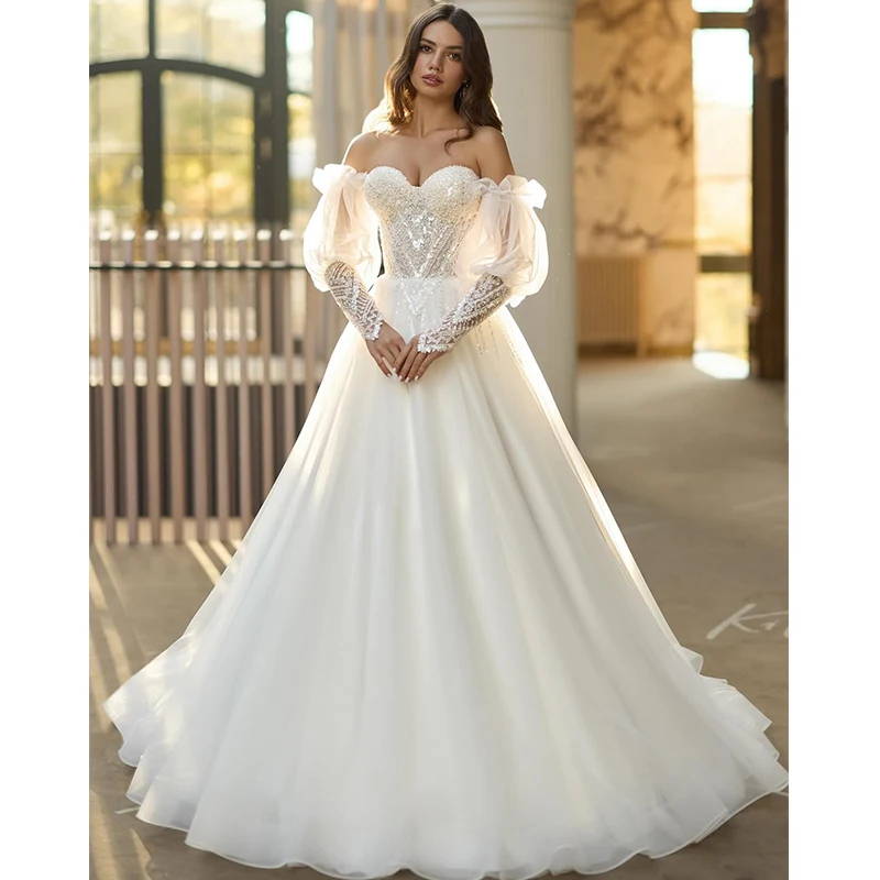 فستان زفاف أنيق من الأورجانزا مع ترتر مطرز على شكل حرف a بطول الأرض وأكمام منتفخة قابلة للفصل بدون حمالات حسب الطلب