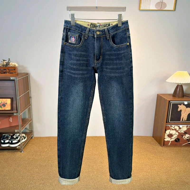 Celana Jeans Denim Pria Gaya Punk Koboi Klasik Streetwear Musim Gugur Musim Dingin Stretch Slim Fit Korea Kasual