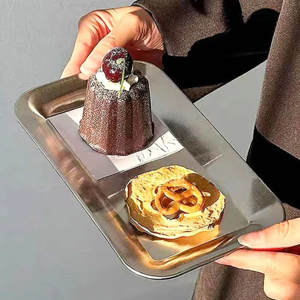 

2 шт./компл., плоский дизайн, поднос из нержавеющей стали, износостойкий утолщенный неглубокий поднос, нержавеющее однотонное блюдо для закусок, использование в ресторане