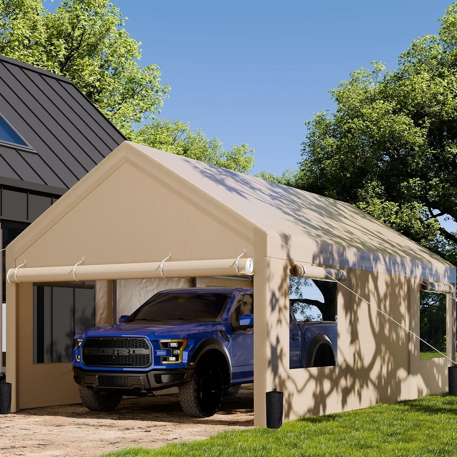 Carport, 12x20 ft Heavy Duty Carport w/Roll-up Windows, Portable Garage w/Removable Sidewalls & Doors, Car Canopy with Sandbags