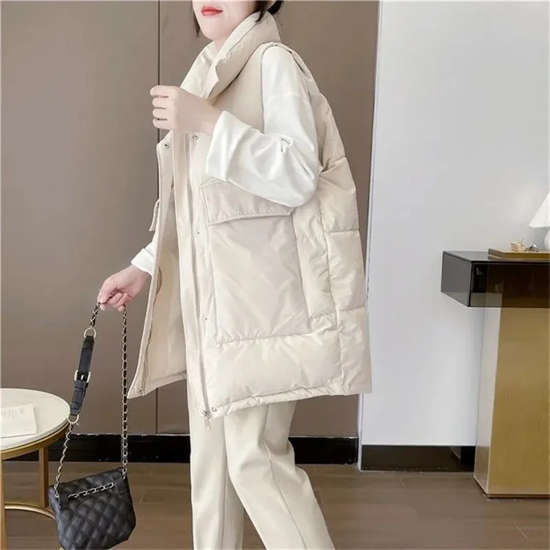 2023 New Women\'s Vest Jacket Down Cotton Vest Autumn Winter Jacket Thicken Loose Long Coat Female Sleeveless Waistcoat Snow Wear