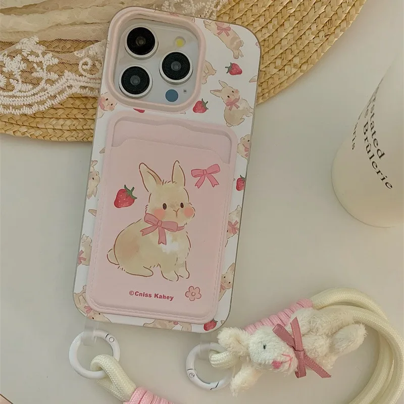 Cute Strawberry Rabbit Card Bag Hanging Rope Phone Case  For iPhone 15 14 Plus X XS XR 11 12 13 Pro Max Silicone Cases Cover