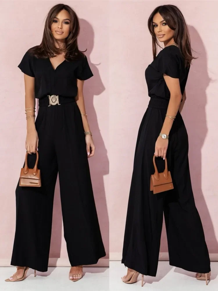 Mode Frauen Solide V-ausschnitt Kurzarm Overalls Sommer Casual Hohe Taille Lose Overall Breite Bein Lange Hosen Strampler Mit Gürtel