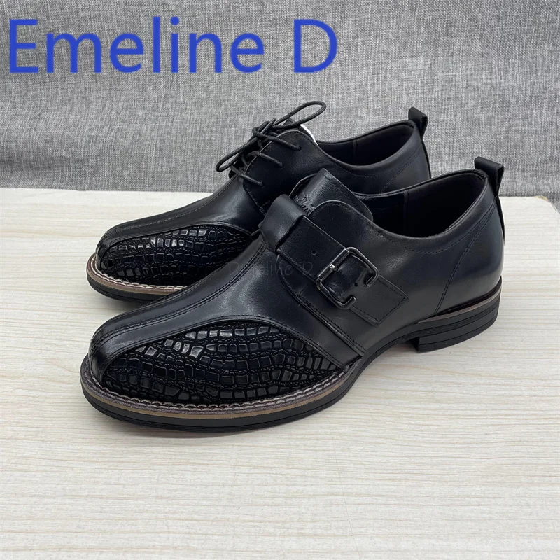 

Crocodile Embossed Leather Shoes Fashionable Lace Up Design Low Cut Square Heel Comfortable One Foot Fit Business Dress Shoes