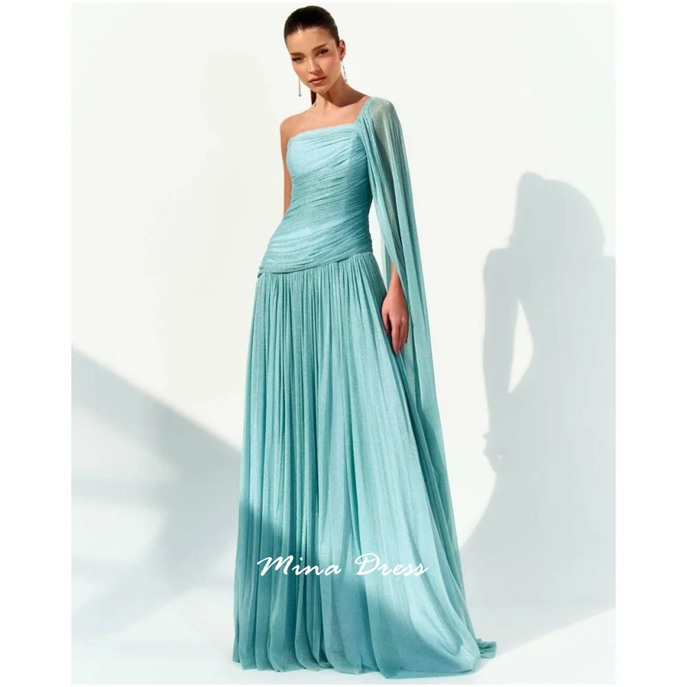 

Mina Customized Long Sleeveless Pleated Elegant Off-Shoulder Shawl Glitter Prom Dresses Elegant Evening Party Dresses for Women