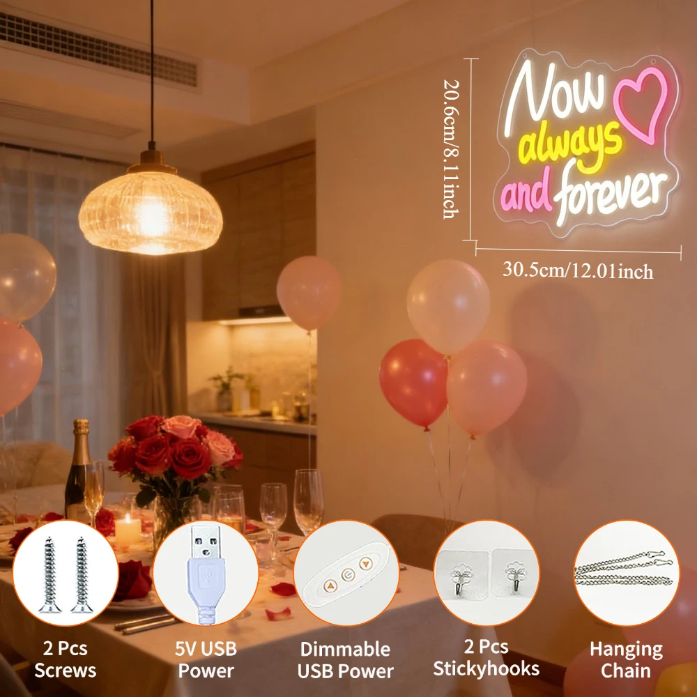 Now Always And Forever Neon Sign LED Light Decor USB Rechargeable Wall Art Night Light for Bedroom Wedding Anniversary Gift