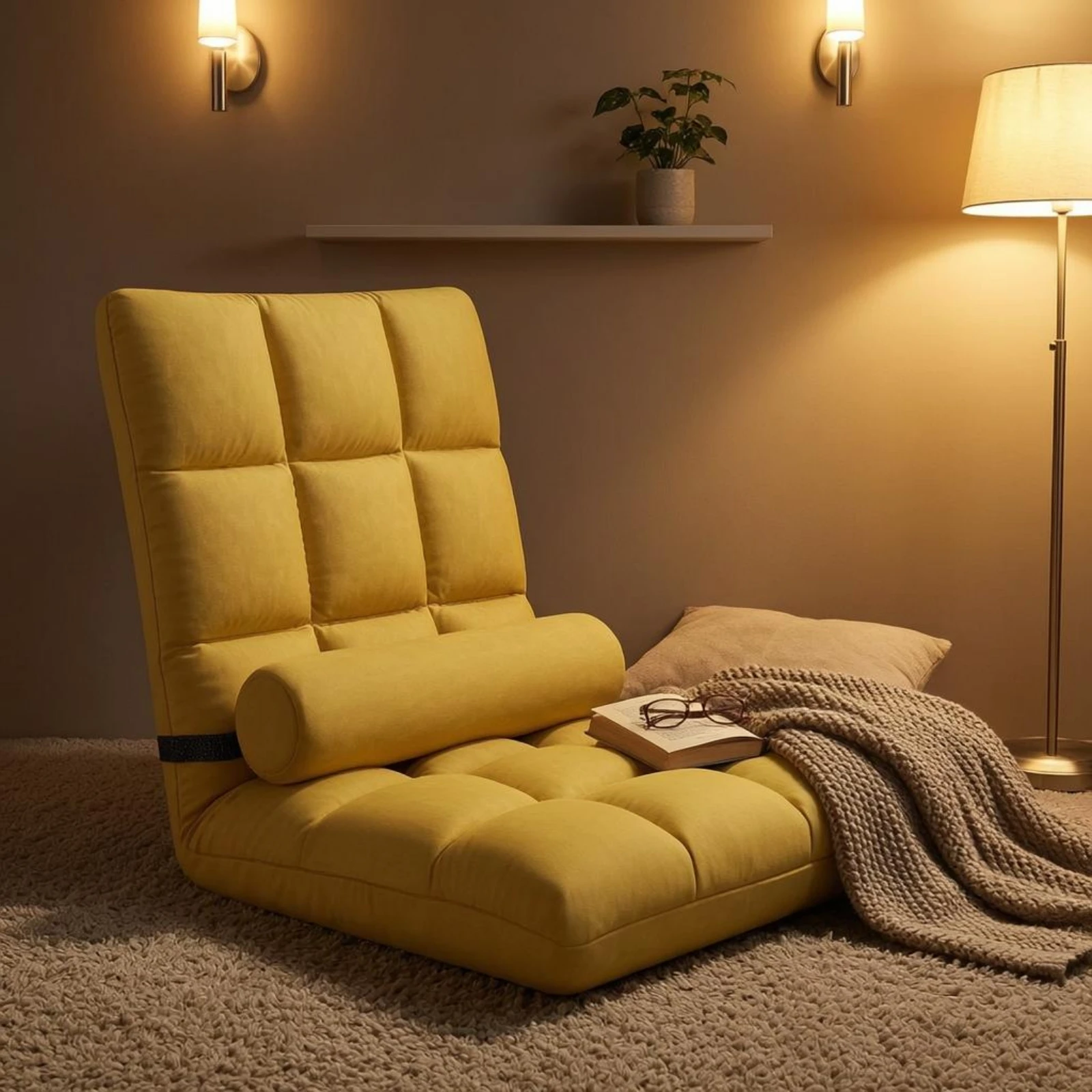 Padded Floor Lounge Chair Lumbar Pillow Adjustable Floor Chair Home Furniture High Backrest Quilted view 6