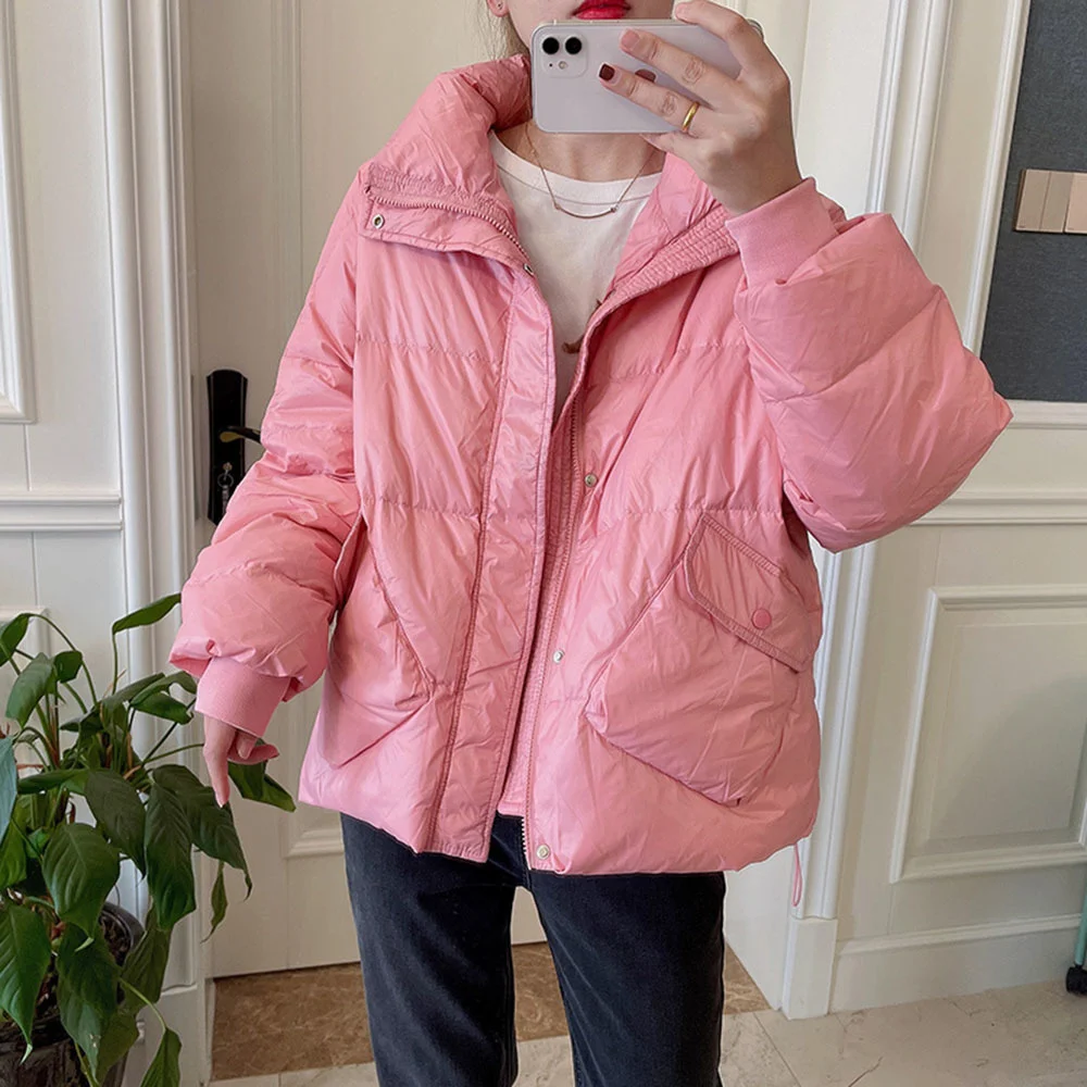 

90% Autumn Winter Women White Duck Short Jacket Casual Female Stand Collar Pocket Down Coat Warm Snow Outwear