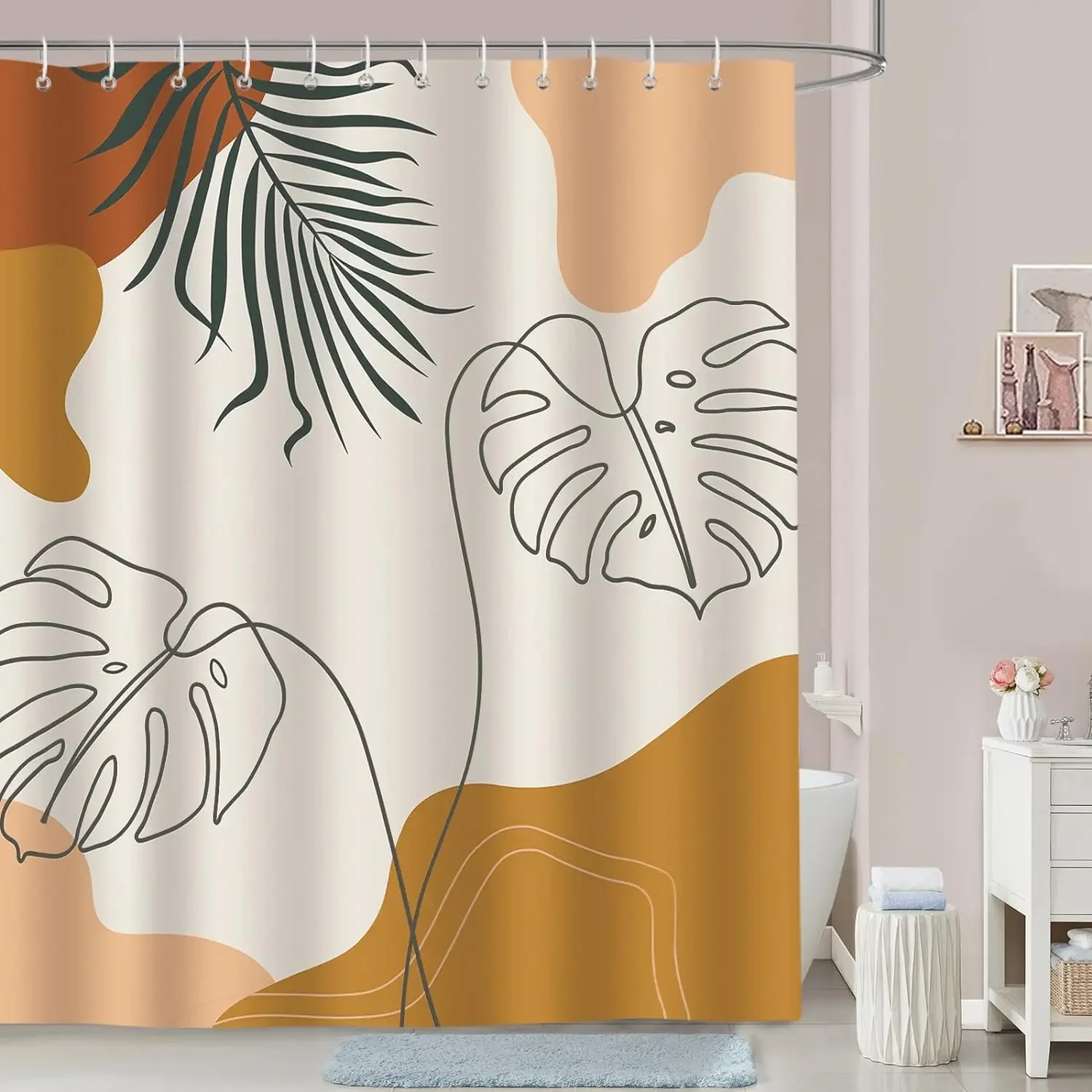 Boho Mid Century Brown Shower Curtain Abstract Modern Minimalistic Leaves Aesthetic Decorative fabric Bath Curtain Bathroom Deco