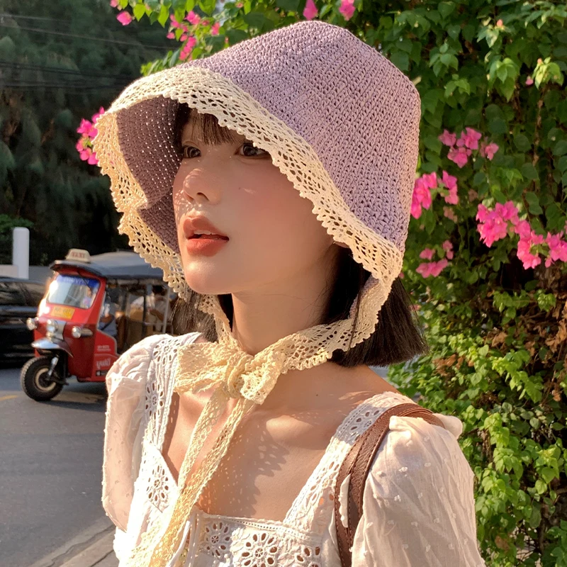 Ins Gentle Purple Lace Strap Straw Hats for Women Summer Travel Versatile Japanese Retro Fresh Sun Protection Beach Bucket Caps