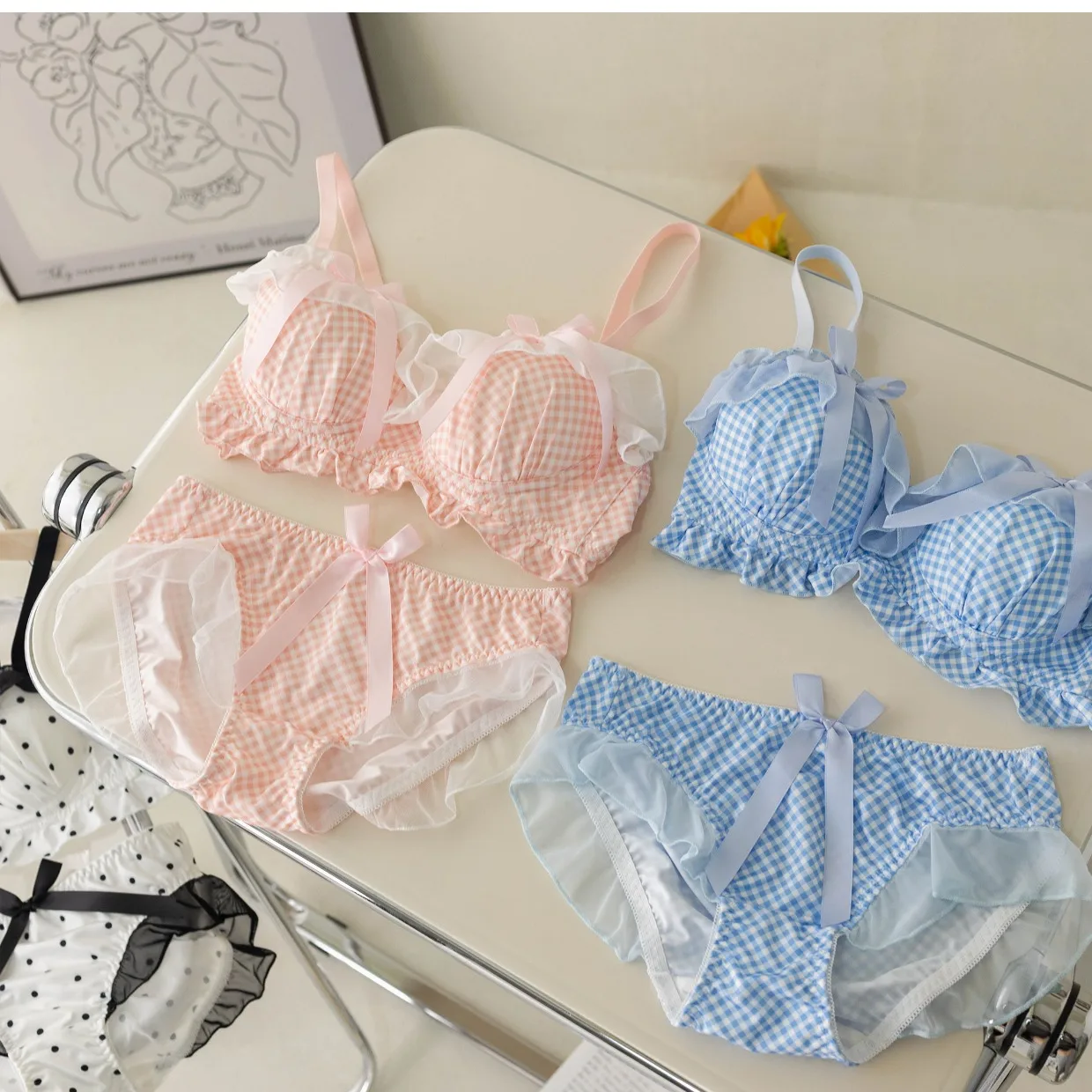 

Cute lingerie brief pure sweet Japanese bow bra underwear set no steel ring small chest gathered brassiere