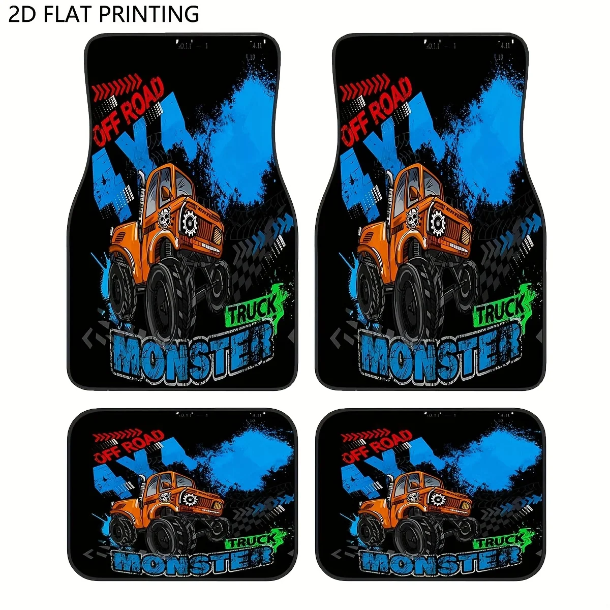 Set Of 4 Off-Road Monster Truck Floor Mats - Made Of Durable Polyester Material, Suitable For Most Vehicles, Featuring A Vibrant