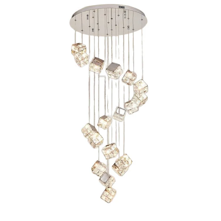 

Light luxury crystal villa duplex building, empty living room chandelier, modern simplicity, long staircase chandelier
