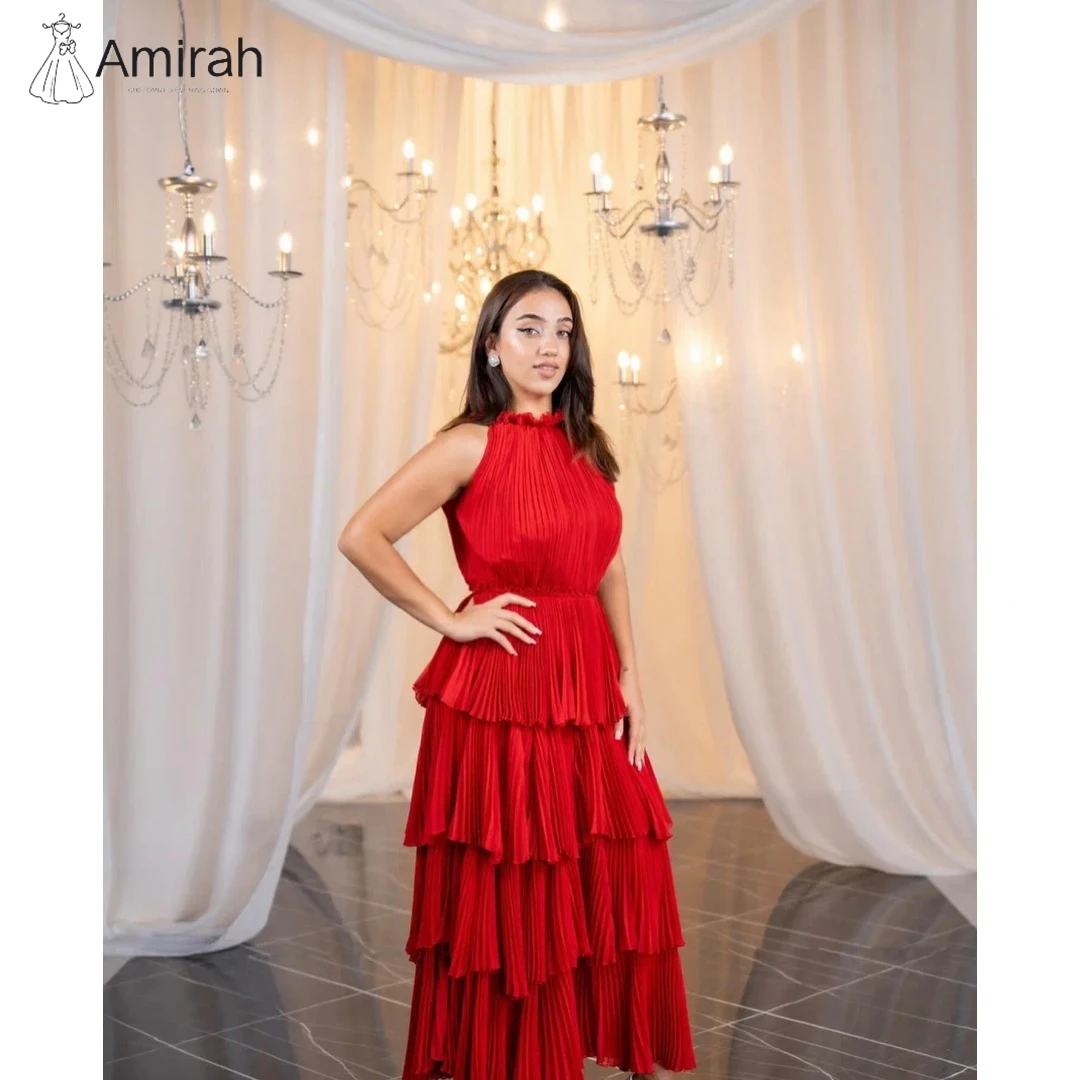 فساتين سهرة مكشوفة الكتف من Amirah فستان نسائي أنيق فاخر للحفلات مصنوع حسب الطلب على شكل حرف a من الشيفون باللون الأحمر
