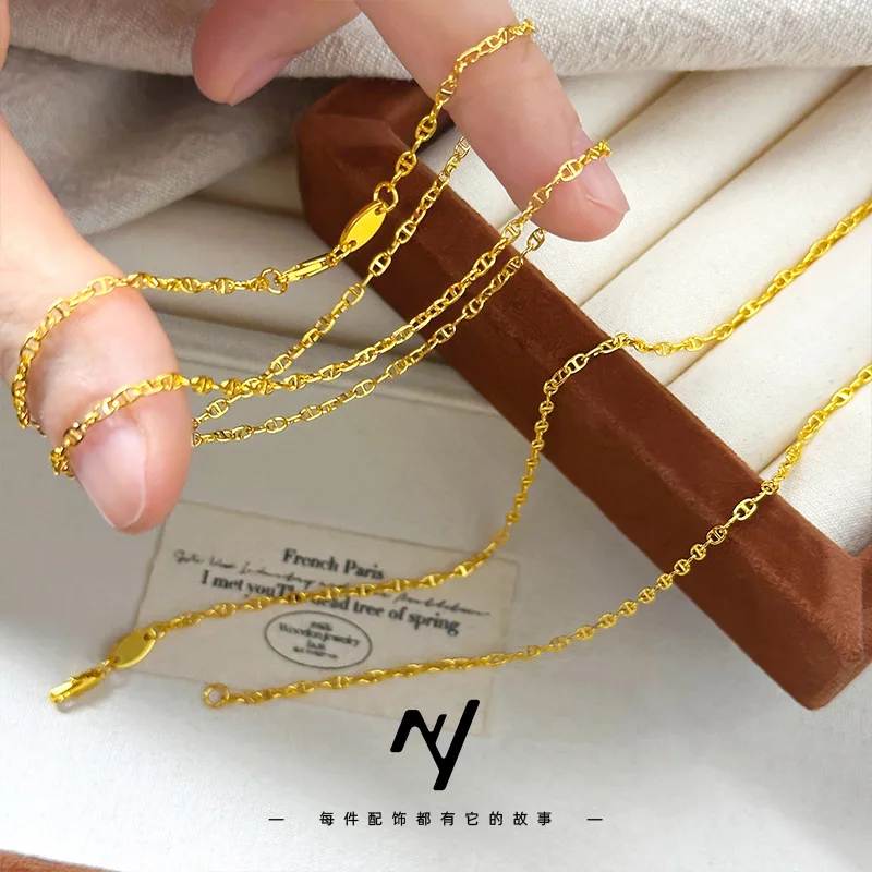 

Real 24k Gold 9999 Light Luxury Niche Design Vitage Pig Nose Necklace Sand Gold Fashion Pig Nose Clavicle Chain Fine Jewelry