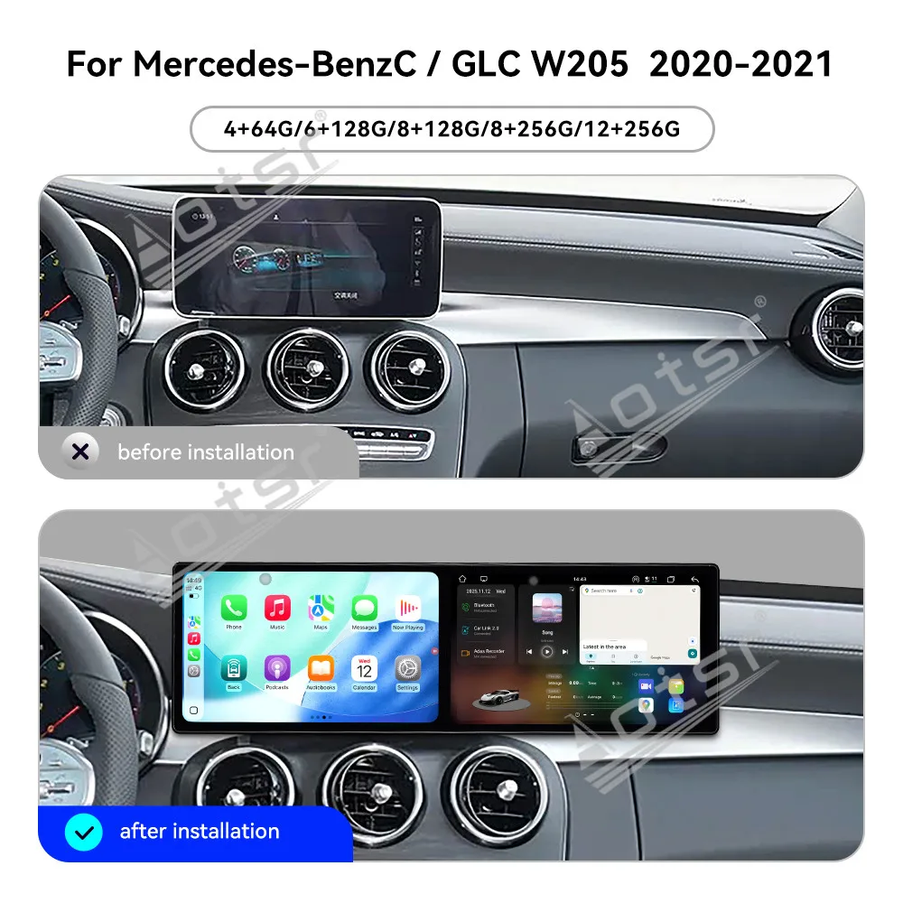 For Mercedes-Benz C-Class GLC W205 (6.0 System) 2020-2021 9.1 Inch Dual-Screen Car Radio GPS Nav Carplay Android Auto Plug&Play