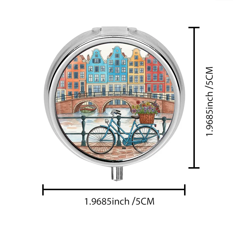 Mini Metal Pill Box with 3 Compartments, Watercolor Canal Cityscape and Bicycle Design, Portable Travel Medicine Organizer, Small Pill Case, Vitamin Storage Box, Suitable for Handbags, Unique Artistic Gift, Suitable for Daily Use and Outdoor Activities