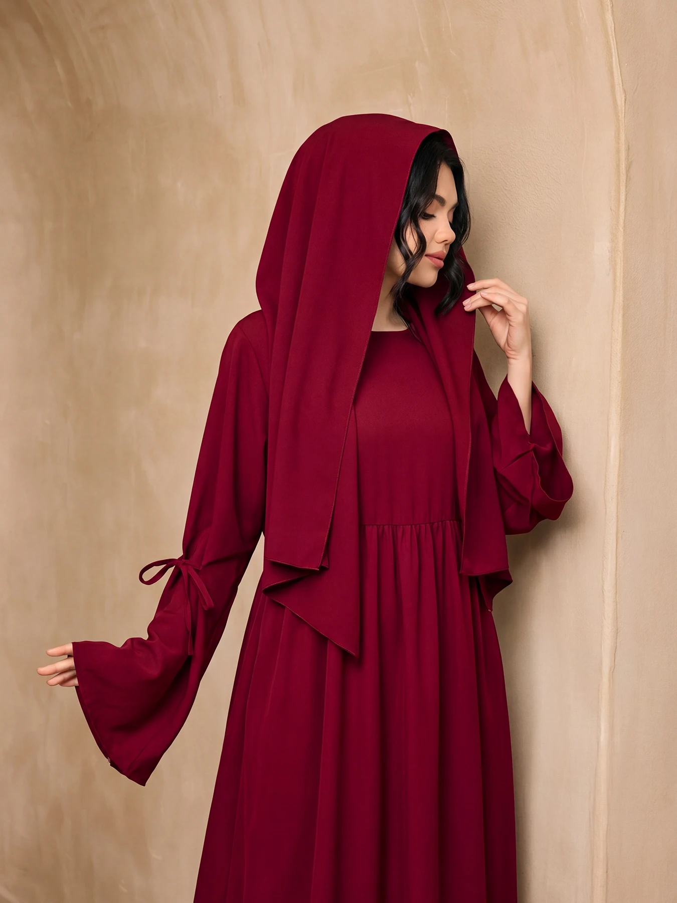 Tie Flare Sleeve Pleated Waist - Abaya Modest Wear 评论和价格