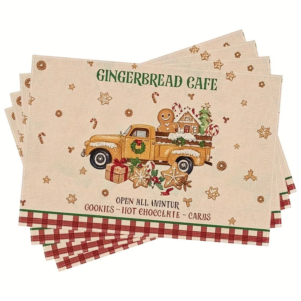 

4pcs Festive Christmas Placemats Red White Holiday Table Mats with Gingerbread Truck Design Linen-Like Polyester 12x18 In