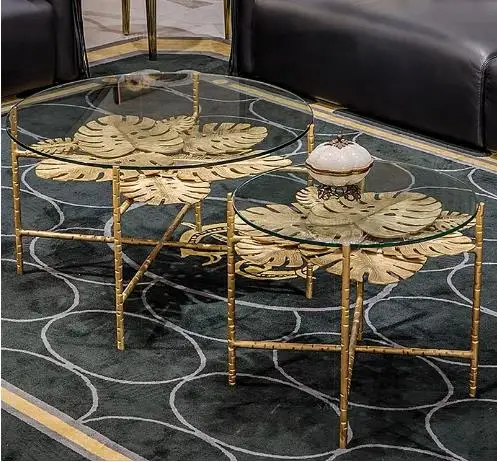#￥The Most Fashionable High Luxury Pure Copper Coffee Table Villa Living Room Cavalli Brass Glass Leaf Shape