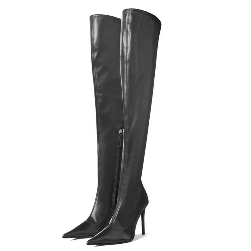 Glatte Mikrofaser-Damen-Stiefel, sexy, große Größe 46, lange Stiefel, spitze Zehen, Stiletto, dünner Absatz, Schuhe, weites Bein, große Füße über dem Knie