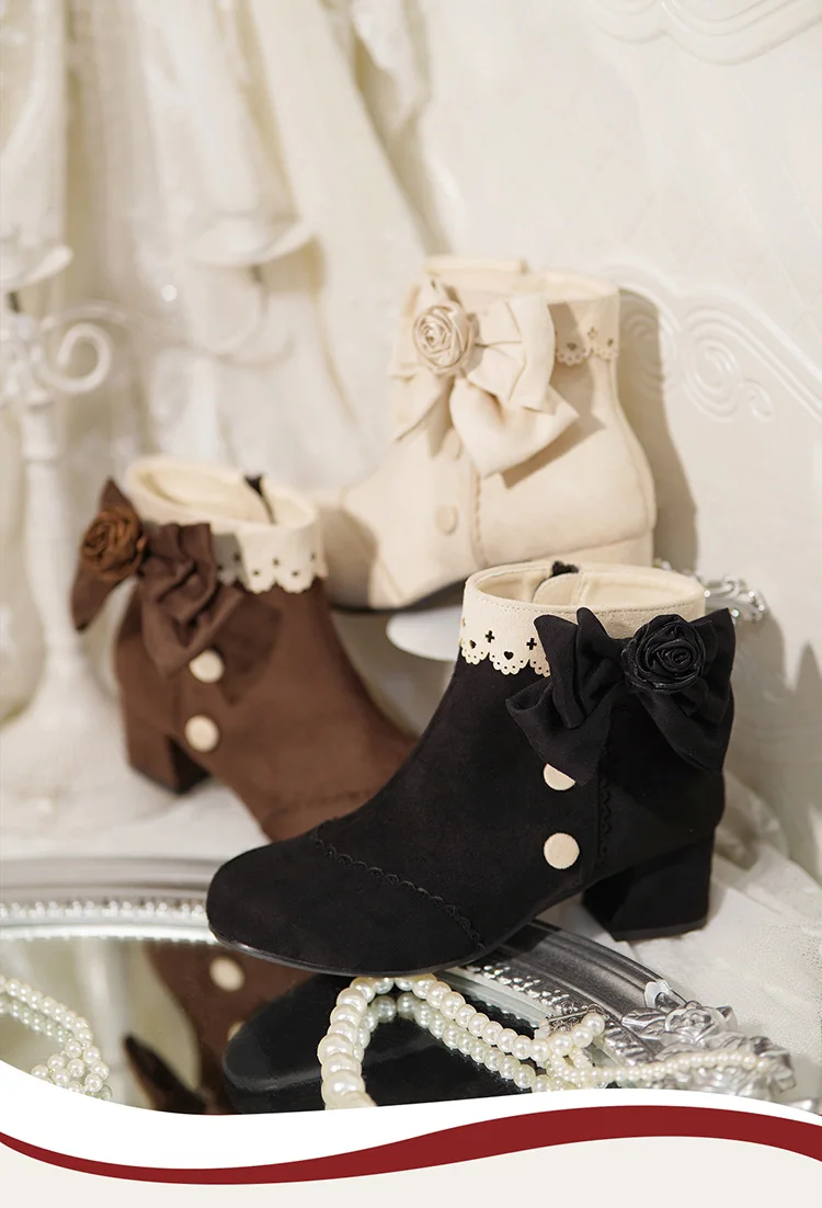 

Japanese Original Sweet Lolita Bow High Heel Short Boots Women's Middle Heel Girl Retro Elegant Autumn and Winter Snow Boots Cla