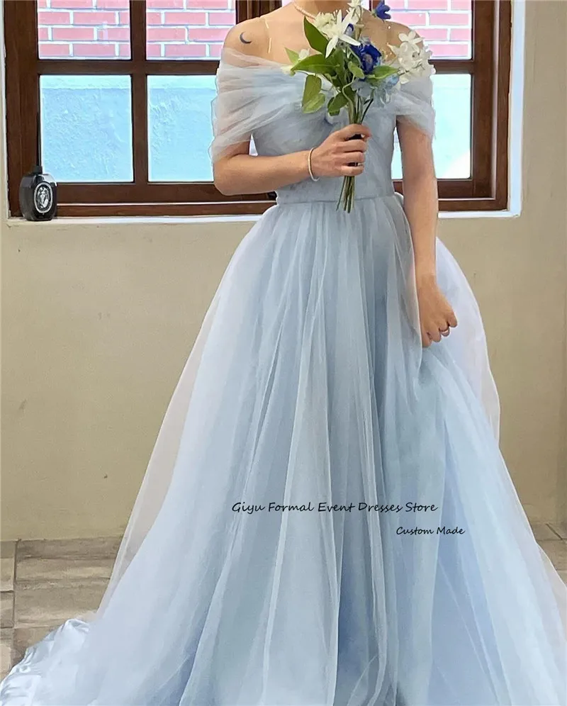 Giyu Elegant Sky Blue Tulle Evening Dresses Korea Lady Wedding Photoshoot Off Shoulder Floor Length Prom Dress Garden Customized