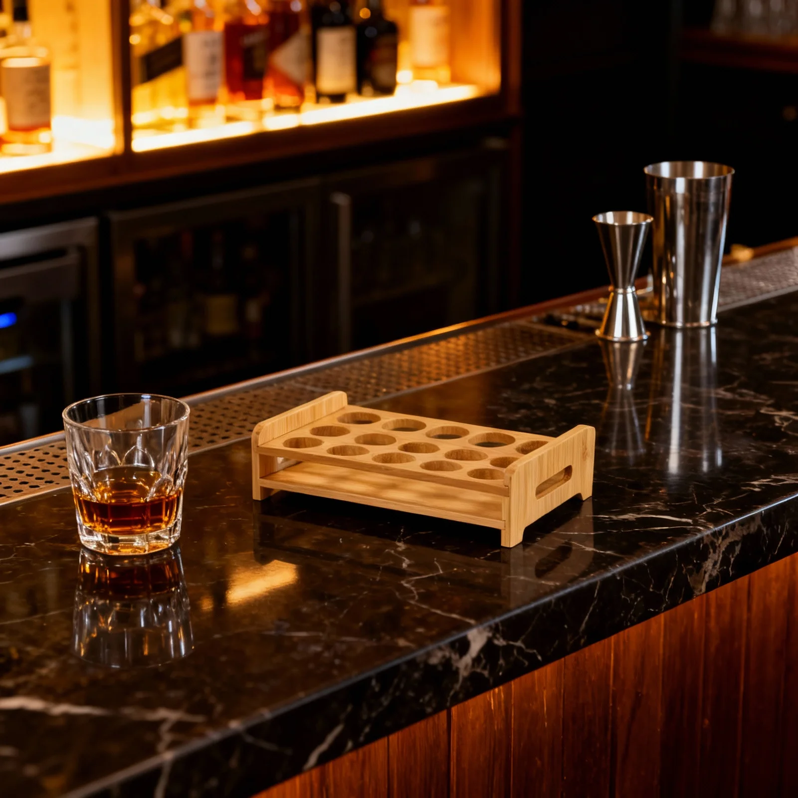 Practical Wooden Shot Glasses Rack Organizer Multi-Slots for Whiskey Brandy Home Bar Party Shot Glasses Display Holder