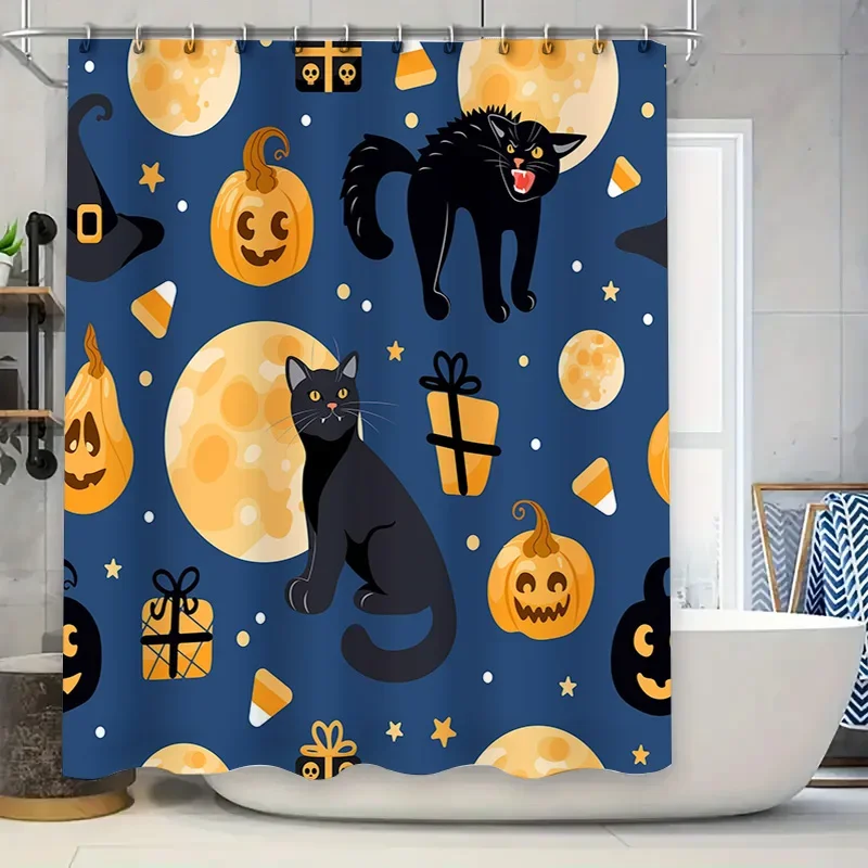 

Занавеска для душа с декором на Хэллоуин, черная кошка, тыква, водонепроницаемая ткань с принтом для набора аксессуаров для ванной комнаты, комплект для ванной комнаты