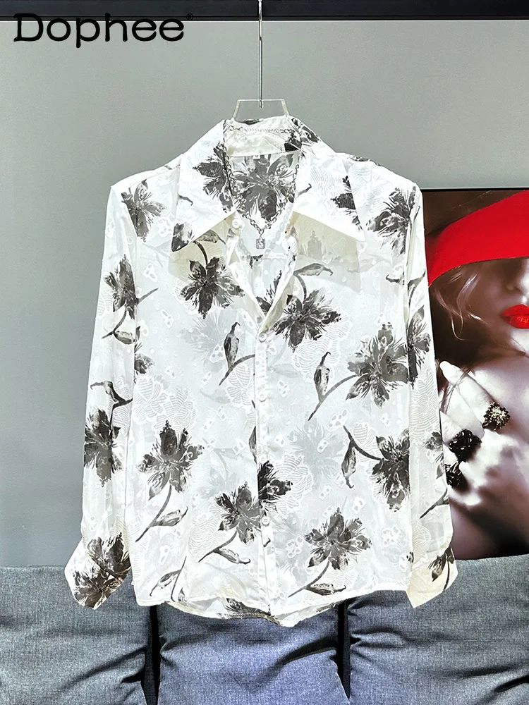 

New Ink Painting Shirts Loose Comfort Trendy Male Long Sleeve Men's 2024 Spring Fashion Casual Single Row Multi-Buckle Shirt