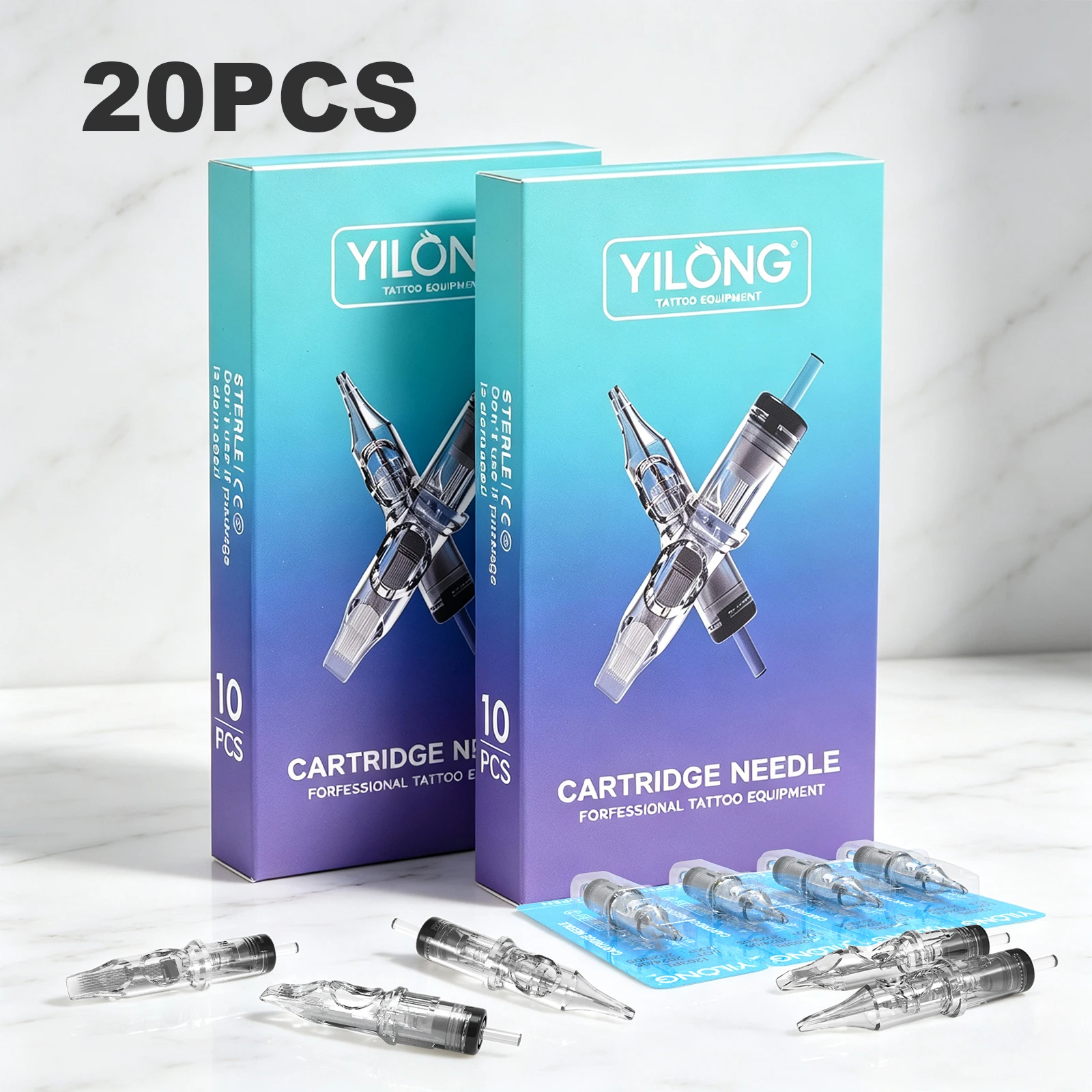 YILONG 20PCS Aiguilles de cartouche de tatouage transparentes jetables avec membrane RL RM RS M1 pour machine à tatouer de la série Pen Needle