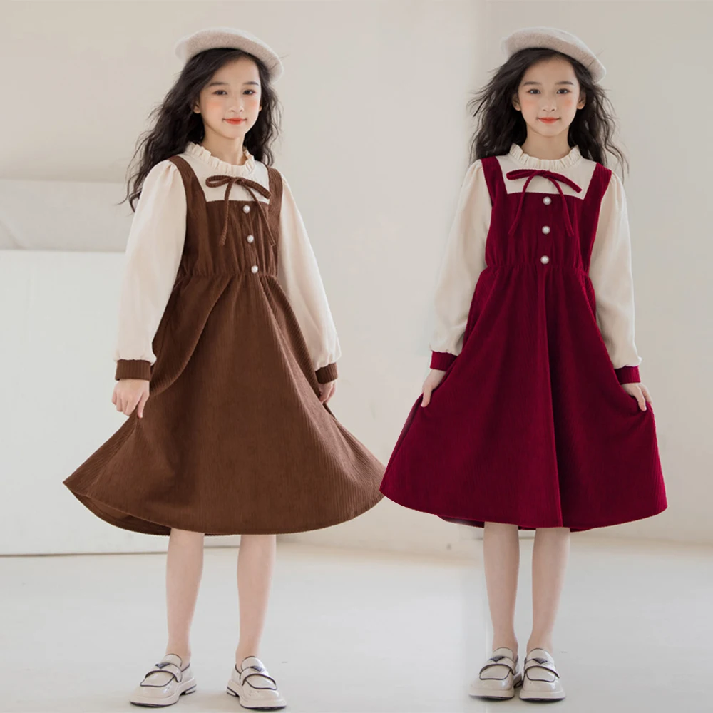 

Girl's Fake Two-piece Dress Autumn Outfit Children's Contrasting Princess Dress 4-14y Teenage Girl Casual Corduroy One-piece
