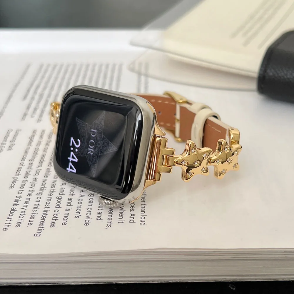 Correa de cuero de Metal con diamantes de estrella de la suerte para Apple Watch 10 9 8 7 SE 6 5 46MM 49mm 41 45 40 44 38 42mm pulsera