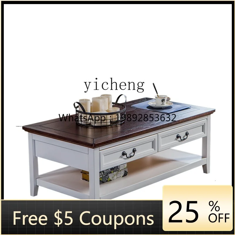 

TQH light luxury white pastoral all solid wood coffee table TV cabinet combination rectangular country living room coffee table