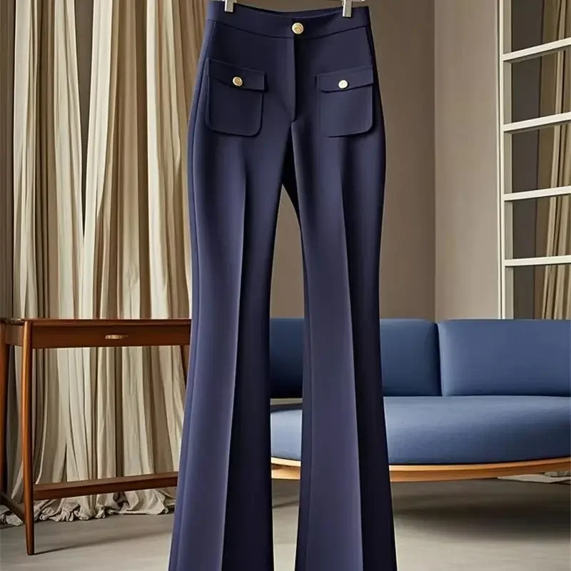 New High End Autumn Women's Pants Slim High Waist Fashion Design Solid Color Office Lady Suit Trousers Casual Micro Flared Pants