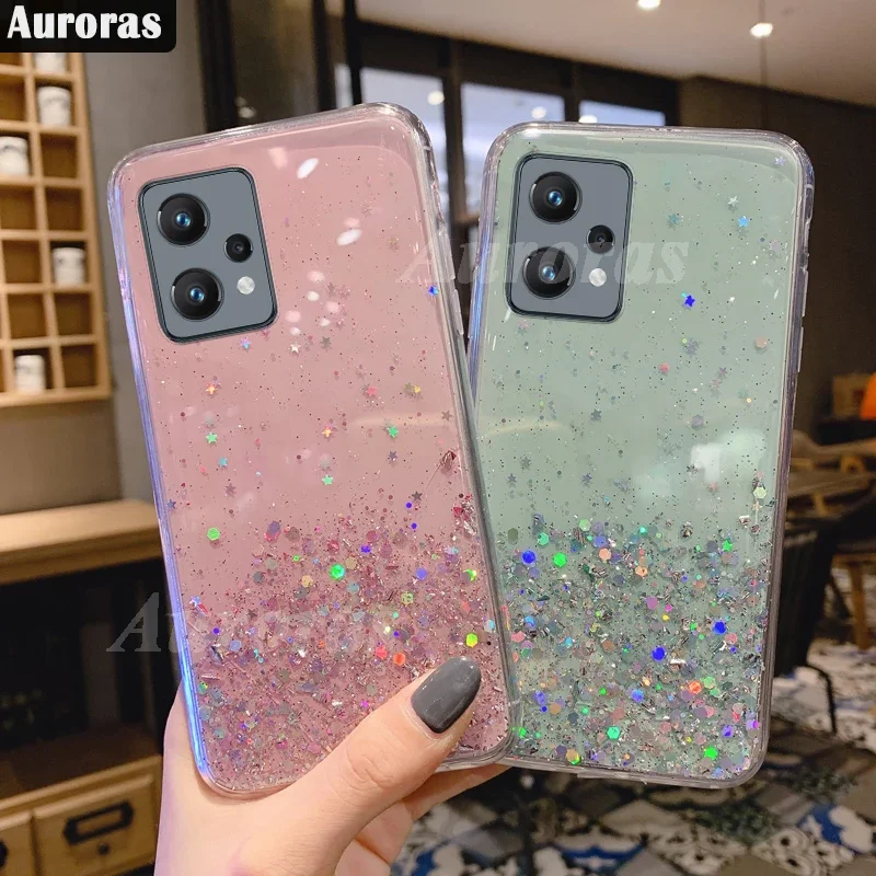 Auroras Glitter Bling Sequins For Oneplus Nord CE 2 Lite 5G Case Starry Sky Stars Moon With Ring Oneplus Nord CE2 Lite 5G Cover