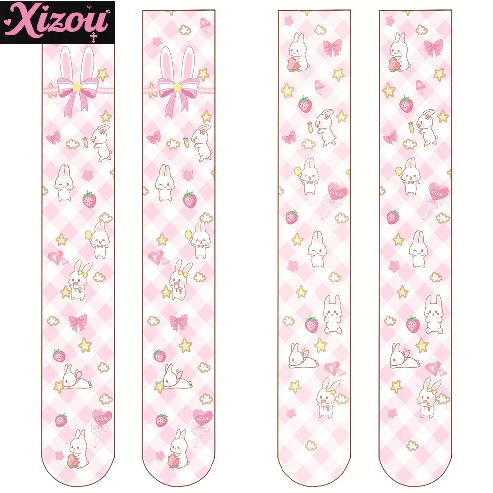 Japanese Lolita Animation Print Stockings Thin Women Spring Autumn Knee Long Tube Soft Cute Girl Kawaii White Pink Velvet Socks