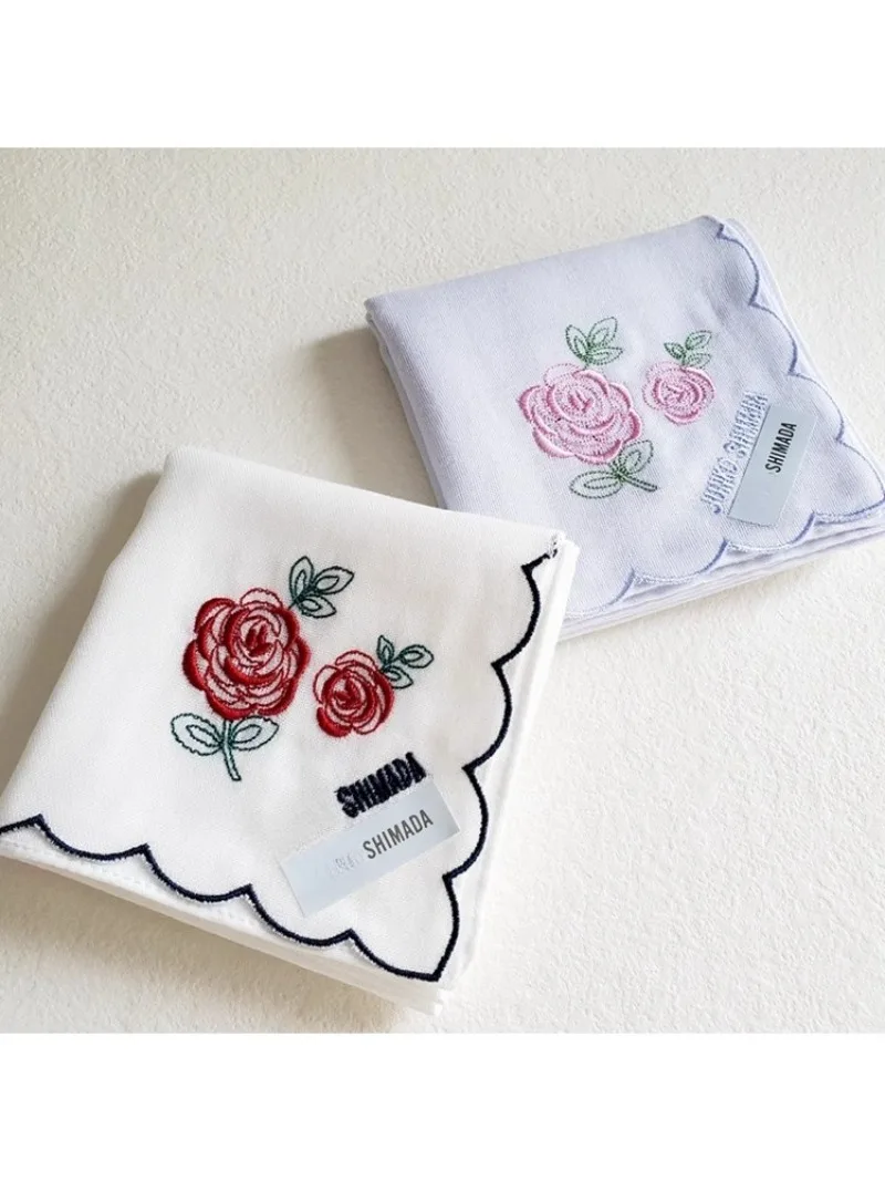 レディース 日本製 ソフト刺繍ローズ ピュアコットン ハンカチ