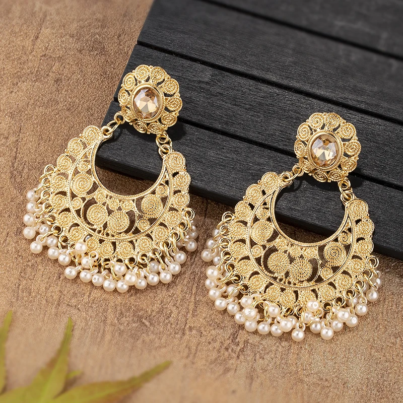 Vintage New Gold Color Hollow Earrings for Women Luxury Crystal Flower Geometric Tassel Earrings Boho Wedding Jewelry